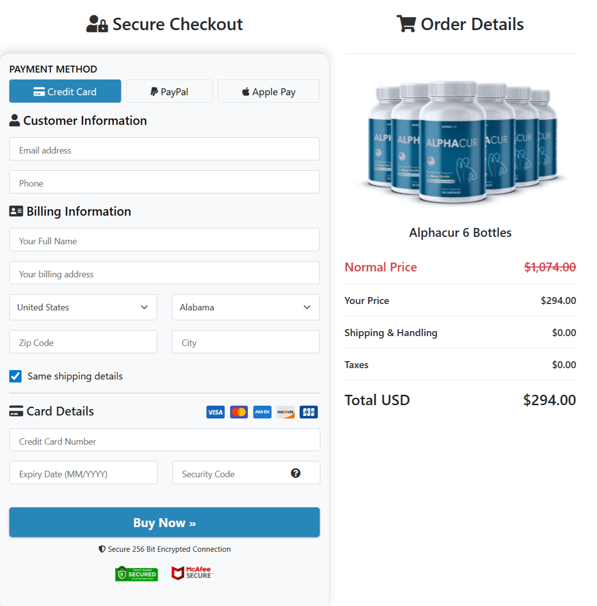AlphaCur  Checkout page